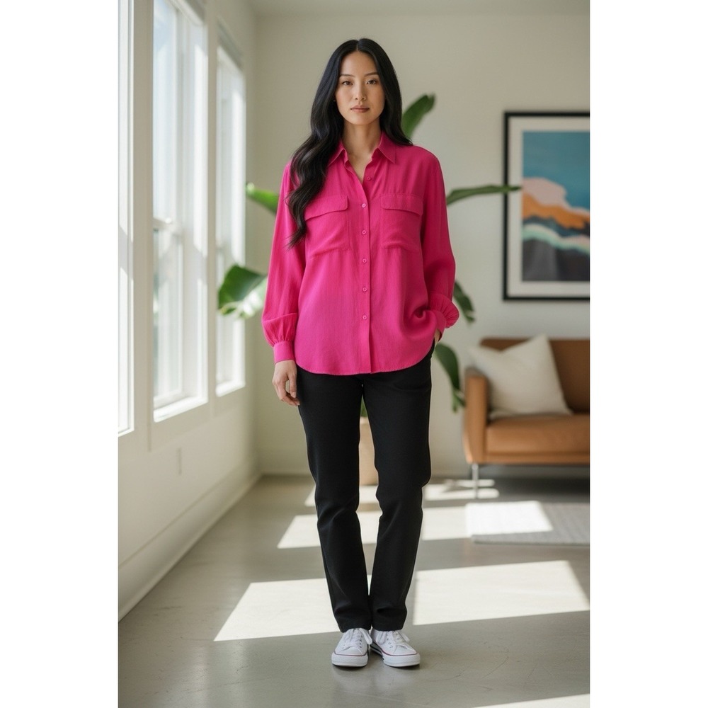 Liz Claiborne Collection Silk Blouse Fuchsia Camp Shirt Career Top Women's M